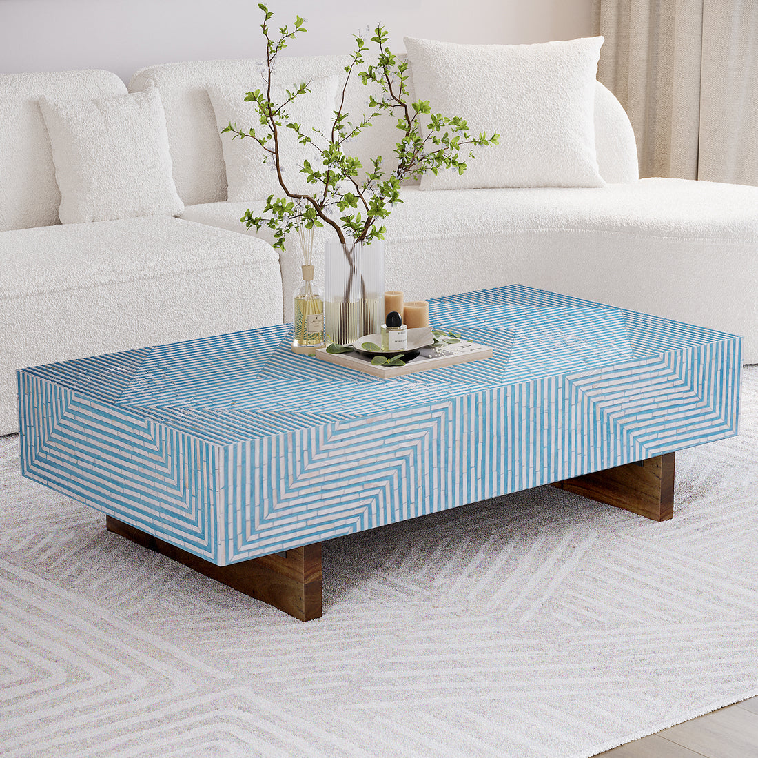 Audino Mother of Pearl Inlay Coffee Table Blue with Mixed Ivory