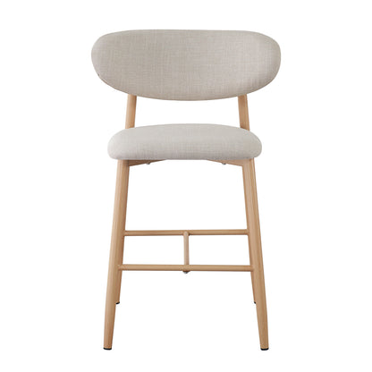 Audrey Curved Linen Barstool Set of 2 in Beige, featuring a modern design with lightly padded fabric seats and backrests on pale wood-look metal legs, perfect for stylish kitchen or bar settings.