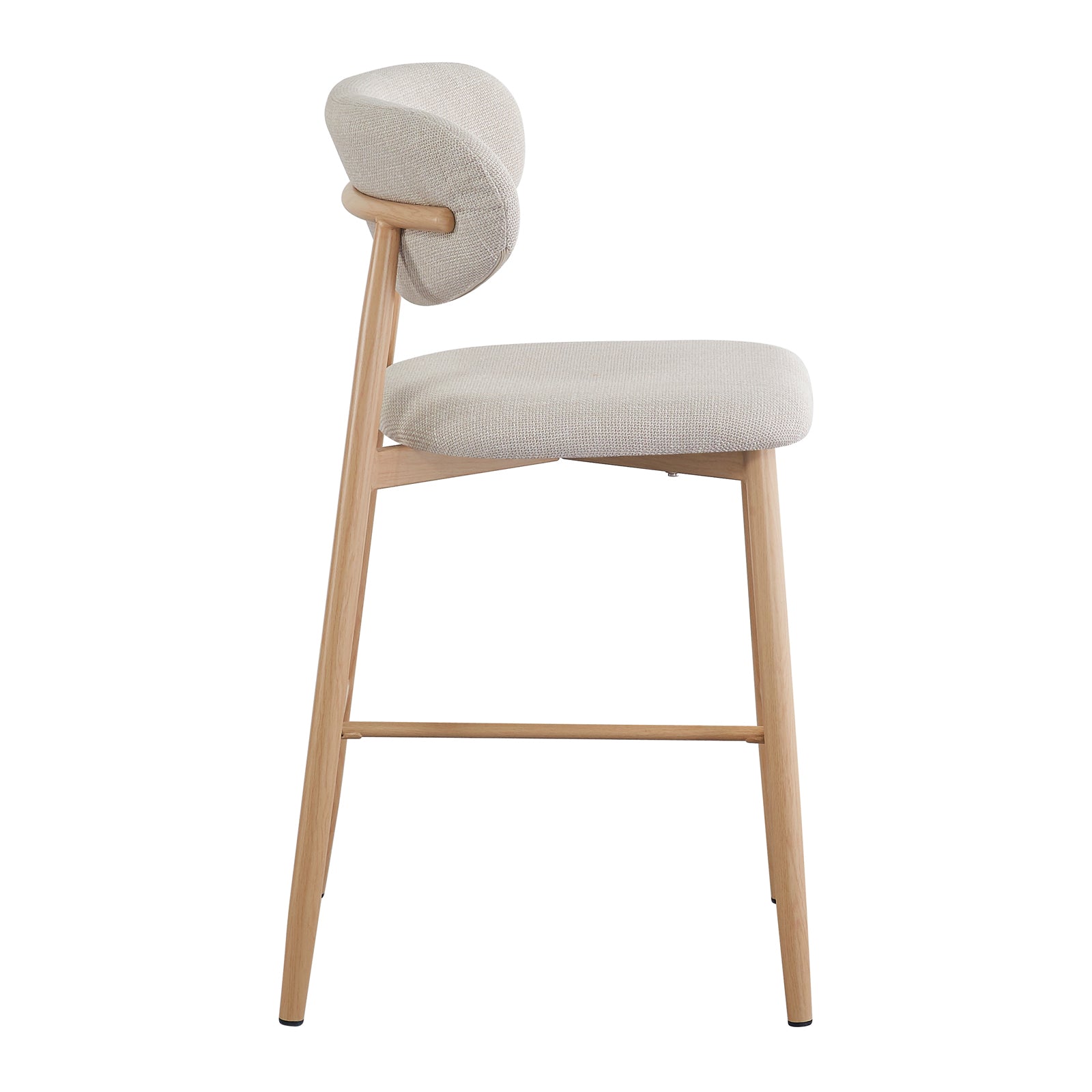 Audrey Curved Linen Barstool Set of 2 in Beige features a minimalist oak frame with a padded beige seat and backrest, supported by tapered wooden legs and a footrest bar.