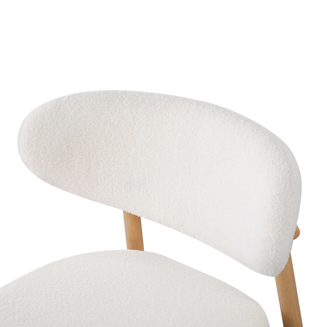 Audrey Curved Boucle Barstool Set of 2 in Cream White, showcasing padded bouclé-style fabric on the seat and backrest, with light wood-finished metal legs partially visible.