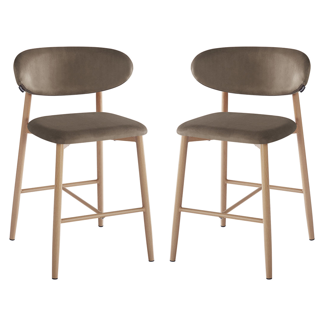 Audrey Velvet Fabric Upholstered Barstool Espresso Brown Set of 2 features modern counter-height stools with curved upholstered backrests, taupe/olive-gray seats, and tapered light-wood legs with footrest support.