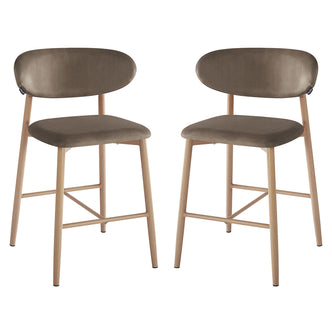 Audrey Velvet Fabric Upholstered Barstool Espresso Brown Set of 2 features modern counter-height stools with curved upholstered backrests, taupe/olive-gray seats, and tapered light-wood legs with footrest support.