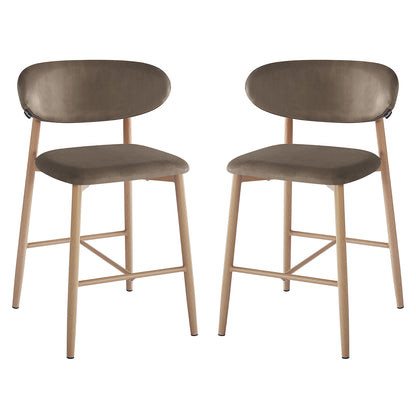 Audrey Velvet Fabric Upholstered Barstool Espresso Brown Set of 2 features modern counter-height stools with curved upholstered backrests, taupe/olive-gray seats, and tapered light-wood legs with footrest support.