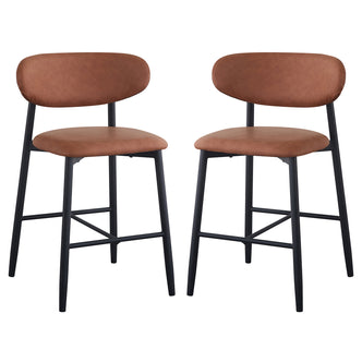 Audrey Curved PU Leather Barstool Set of 2 in Tan features cushioned seats and backrests with black metal frames and cross-bracing, offering a sleek, supportive design ideal for modern interiors.