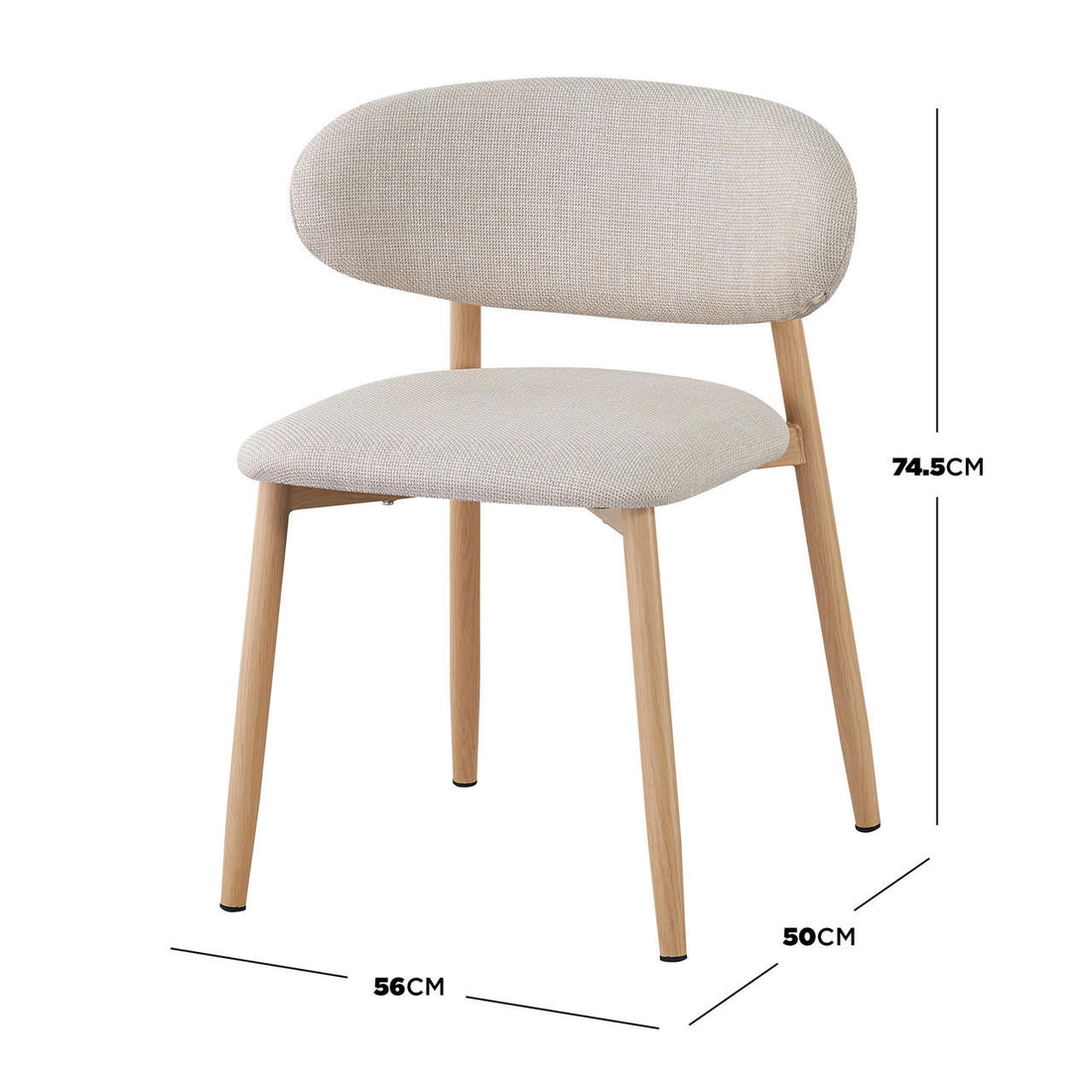 Audrey Curved Fabric Dining Chair Set of 2 in Beige features lightly padded beige seats with curved backrests and light-wood dowel legs, measuring 74.5 cm tall, 56 cm wide, 50 cm deep.
