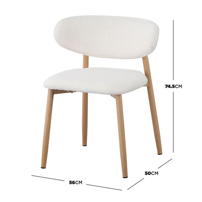 Audrey Curved Fabric Dining Chair Set of 2 in Cream White, featuring armless design, curved back, padded off-white bouclé seat, and light-wood legs. Dimensions and elegant style enhance dining comfort.