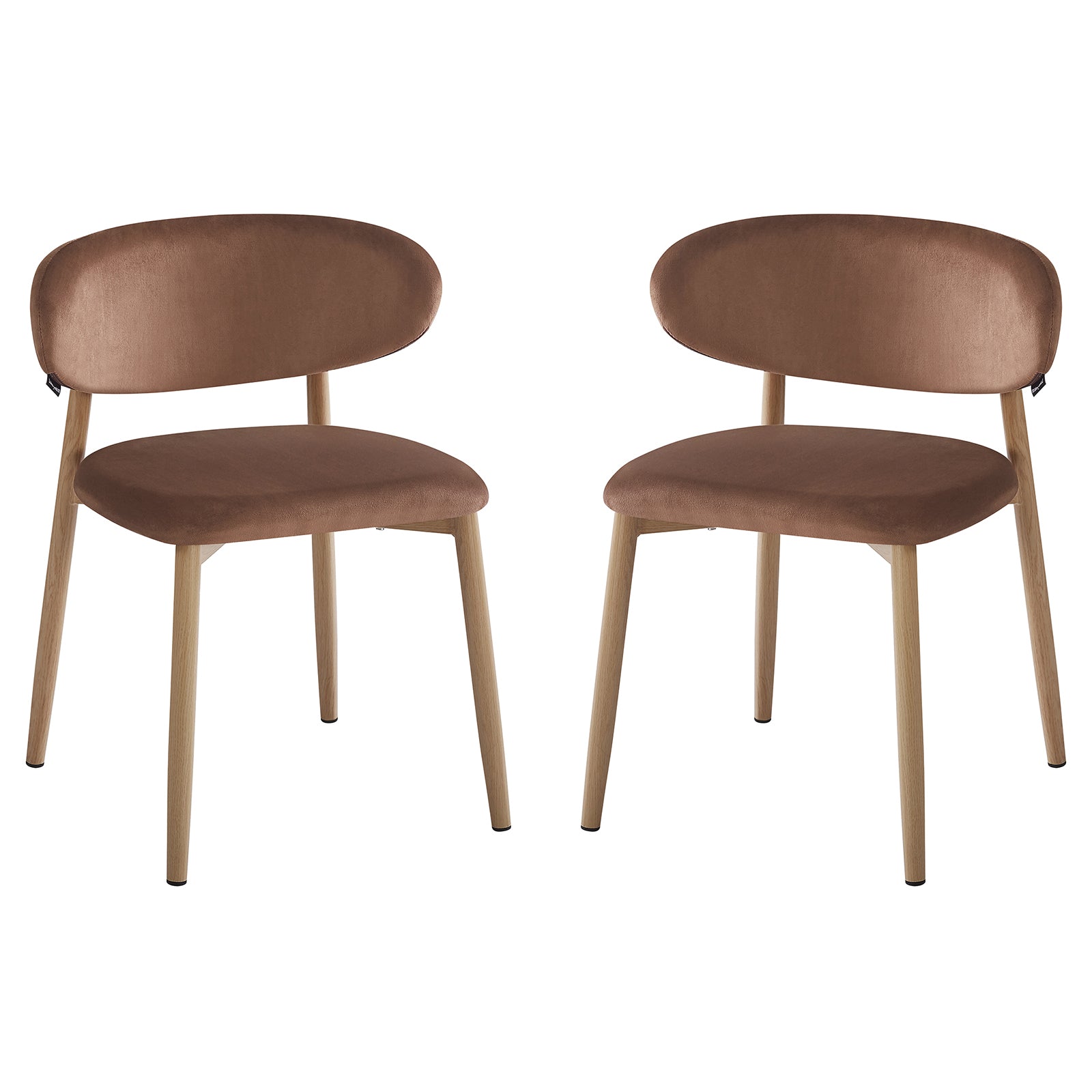 Audrey Fabric Dining Chair Mocha Mouses Set of 2 features modern dining chairs with oval backrests and padded seats on slender wood-look metal legs, offering refined style and comfort for dining spaces.