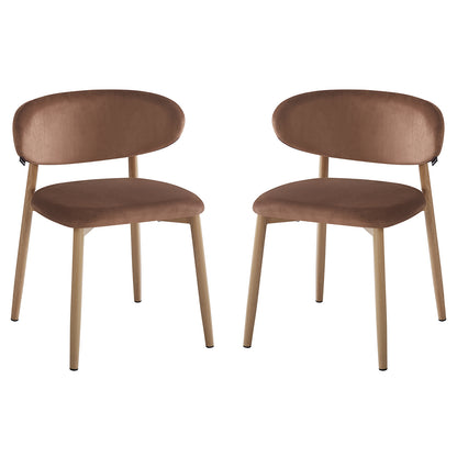 Audrey Fabric Dining Chair Mocha Mouses Set of 2 features modern dining chairs with oval backrests and padded seats on slender wood-look metal legs, offering refined style and comfort for dining spaces.