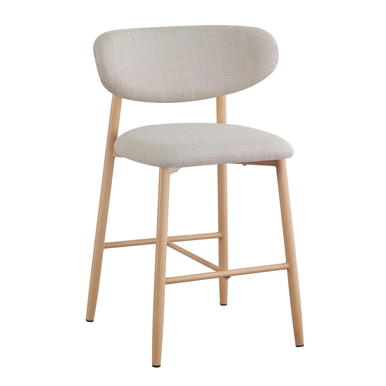 Audrey Curved Bar Stool & Dining Chair Set of 4 in Beige features modern design with light wood legs, upholstered beige-gray seats, and backrests for comfort and style in any dining or bar area.