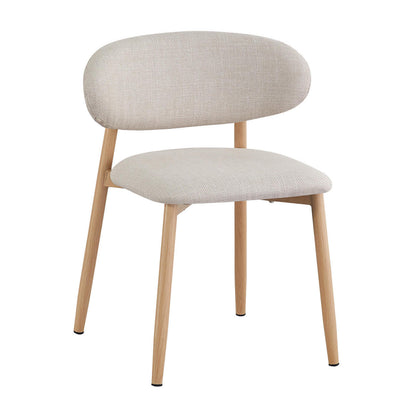 Audrey Curved Bar Stool & Dining Chair Set of 4 in Beige, featuring a modern side chair with a padded, rounded backrest and seat, light beige upholstery, and angled wooden legs with black foot caps.