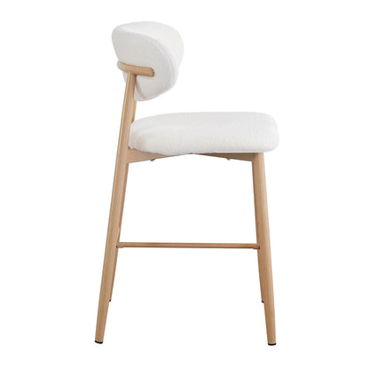 Modern Audrey Curved Bar Stool in Cream White, featuring light wood legs, foot-rest bar, and plush white upholstered seat with curved backrest in bouclé fabric. Part of a coordinated 4-piece set.