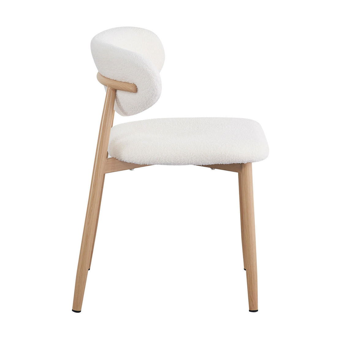 Modern side chair from the Audrey Curved Bar Stool & Dining Chair Set of 4 in Cream White, featuring a light wood frame, tapered legs, and white boucle-style upholstered seat and backrest, shown in profile.