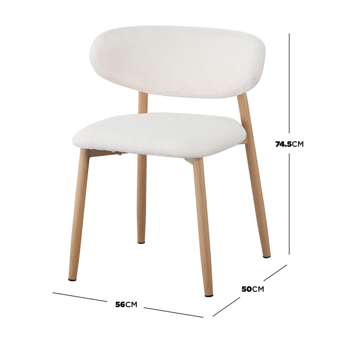 Audrey Curved Bar Stool & Dining Chair Set of 4 in Cream White features a mid-century design with boucle-upholstered seats, light wood legs, and visible dimensions, emphasizing minimalist style and functional elegance.