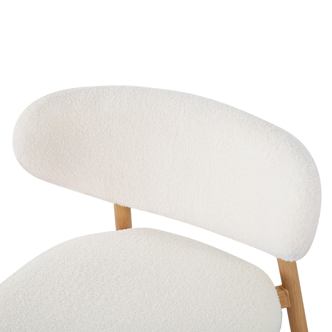Audrey Curved Bar Stool & Dining Chair Set of 4 in Cream White features plush, cream-white boucle fabric on a modern, light wooden frame, highlighting the elegant, curved backrest and seat cushion design.