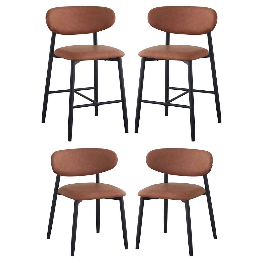 Audrey Curved Bar Stool & Dining Chair Set of 4 in Tan features two counter-height stools with footrests and two side chairs, all with brown upholstery and black metal legs.