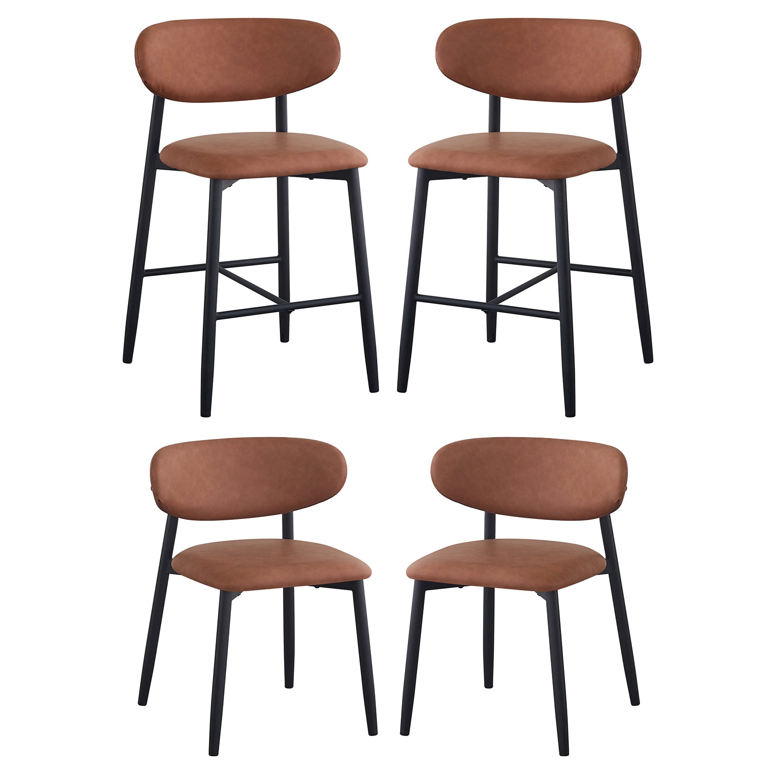 Audrey Curved Bar Stool & Dining Chair Set of 4 in Tan features two counter-height stools with footrests and two side chairs, all with brown upholstery and black metal legs.