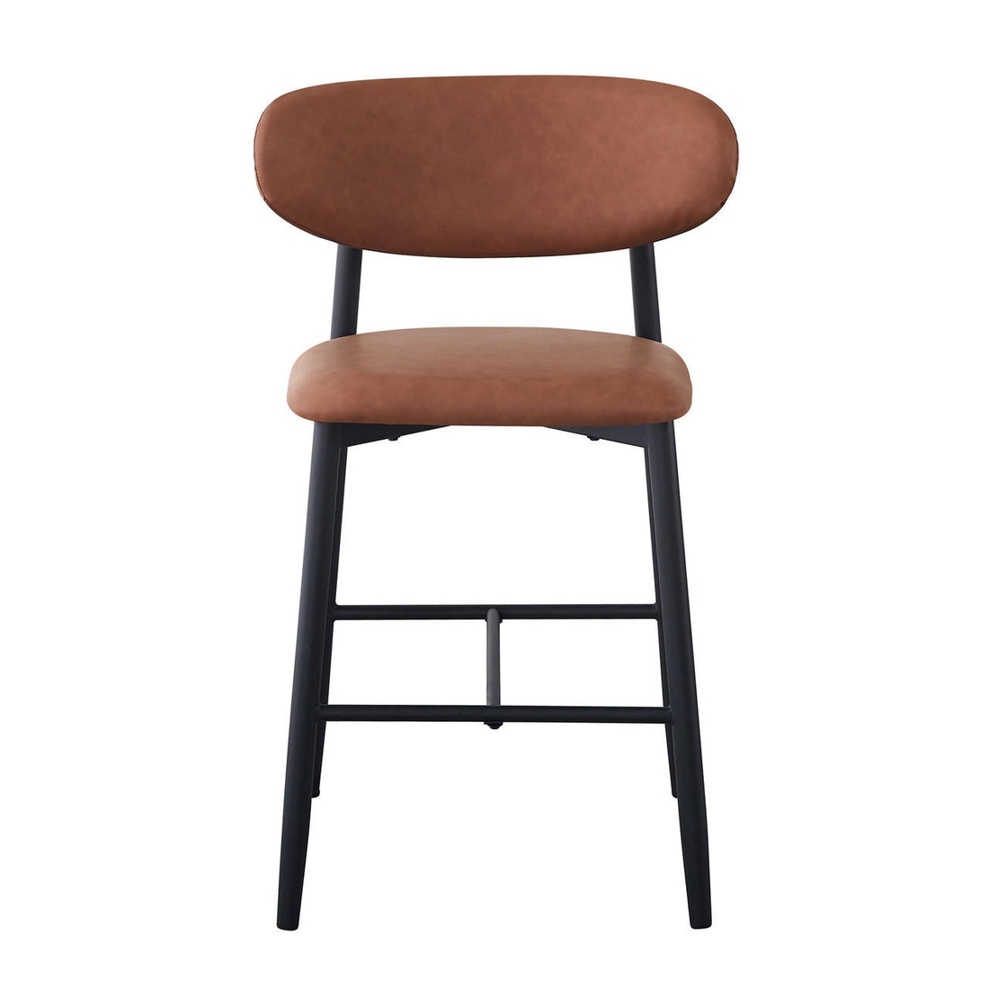 Audrey Curved Bar Stool features a padded brown leather-look seat and backrest on a black metal frame with footrest, offering modern style and comfort for open-plan dining and kitchen spaces.