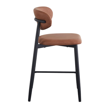 Audrey Curved Bar Stool & Dining Chair Set of 4 in Tan features a sleek design with padded caramel-brown seats, low backrests, and black metal frames, offering modern comfort and style.