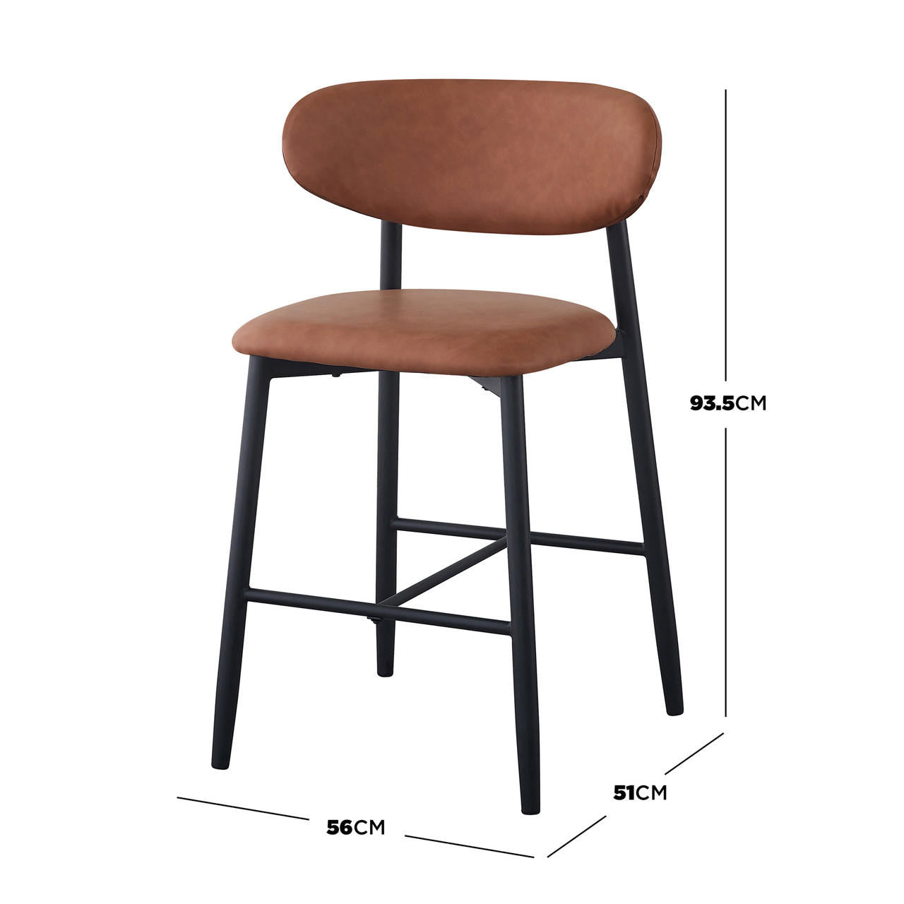 Audrey Curved Bar Stool & Dining Chair Set of 4 in Tan features sleek black metal frames, curved padded backrests and seats in brown faux leather, offering a modern, cohesive look for open-plan spaces.