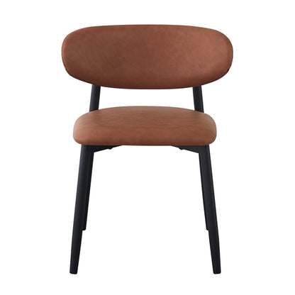 Audrey Curved Bar Stool & Dining Chair Set of 4 in Tan features a sleek, brown upholstered chair with a gently curved seat and backrest, supported by slender black metal legs. Ideal for modern dining spaces.