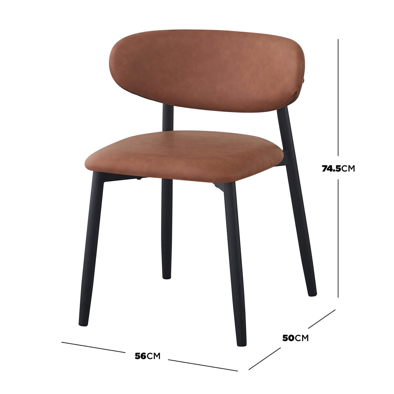 Audrey Curved Bar Stool & Dining Chair Set of 4 in Tan, featuring an armless chair with a low curved backrest, tan faux-leather upholstery, and slender matte black legs, dimensions included.