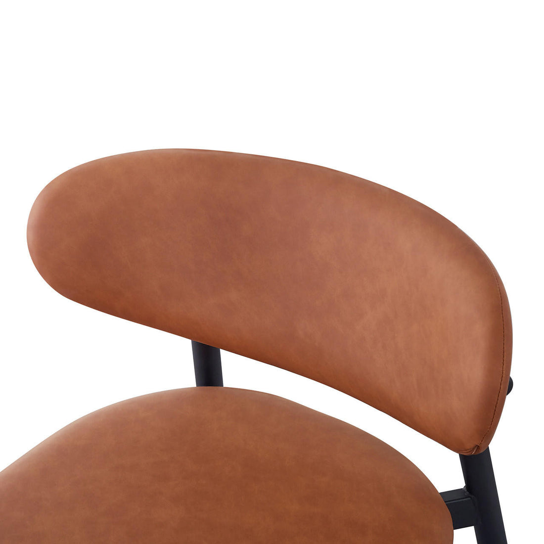 Audrey Curved Bar Stool & Dining Chair Set of 4 in Tan features a padded seat and curved backrest in cognac-brown leather on a black metal frame, highlighting modern, industrial style.
