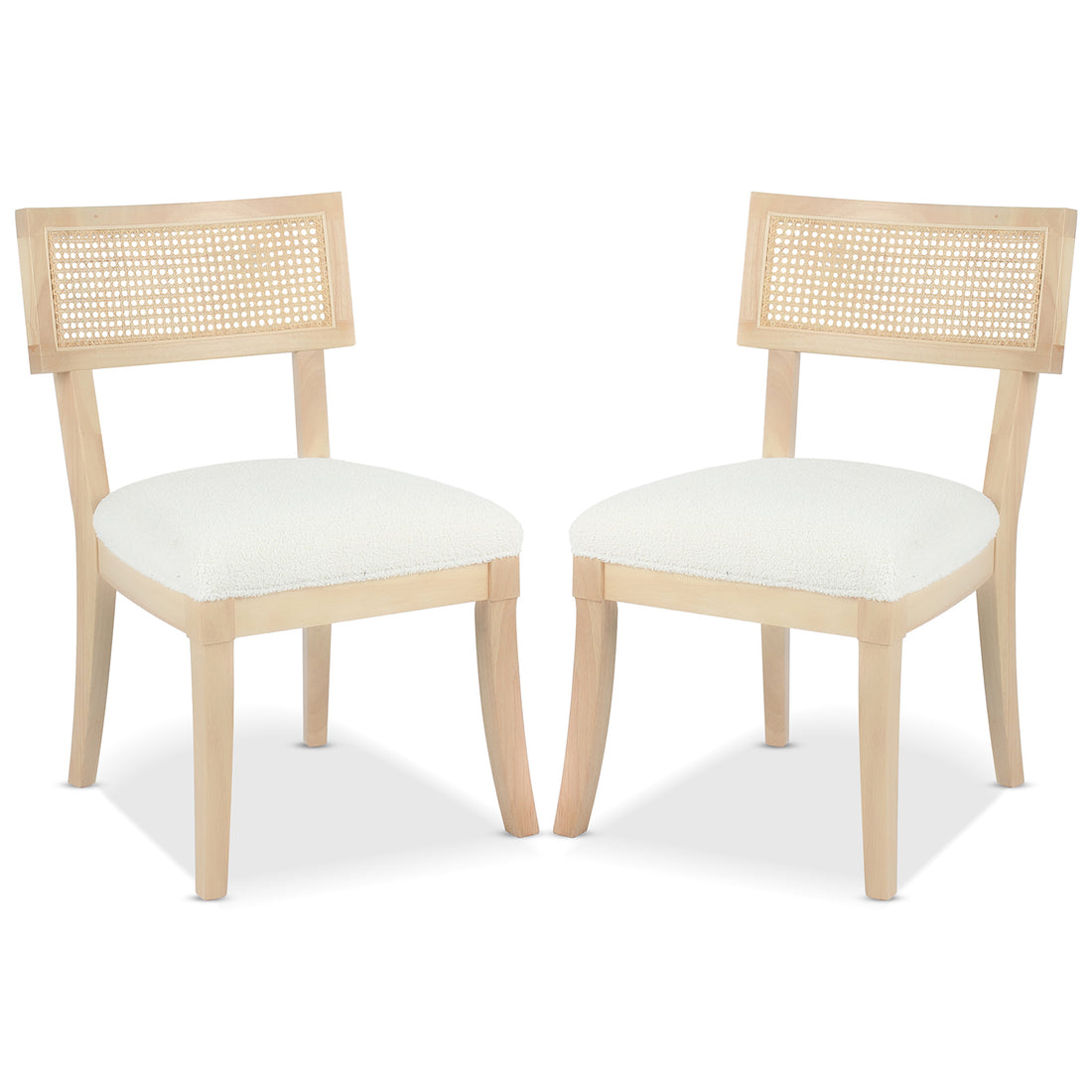 Avelino Hardwood & Rattan Dining Chair Set of 2 features light-wood frames with rectangular woven cane backrests and thick white upholstered seat cushions, offering a modern-vintage elegance to dining spaces.