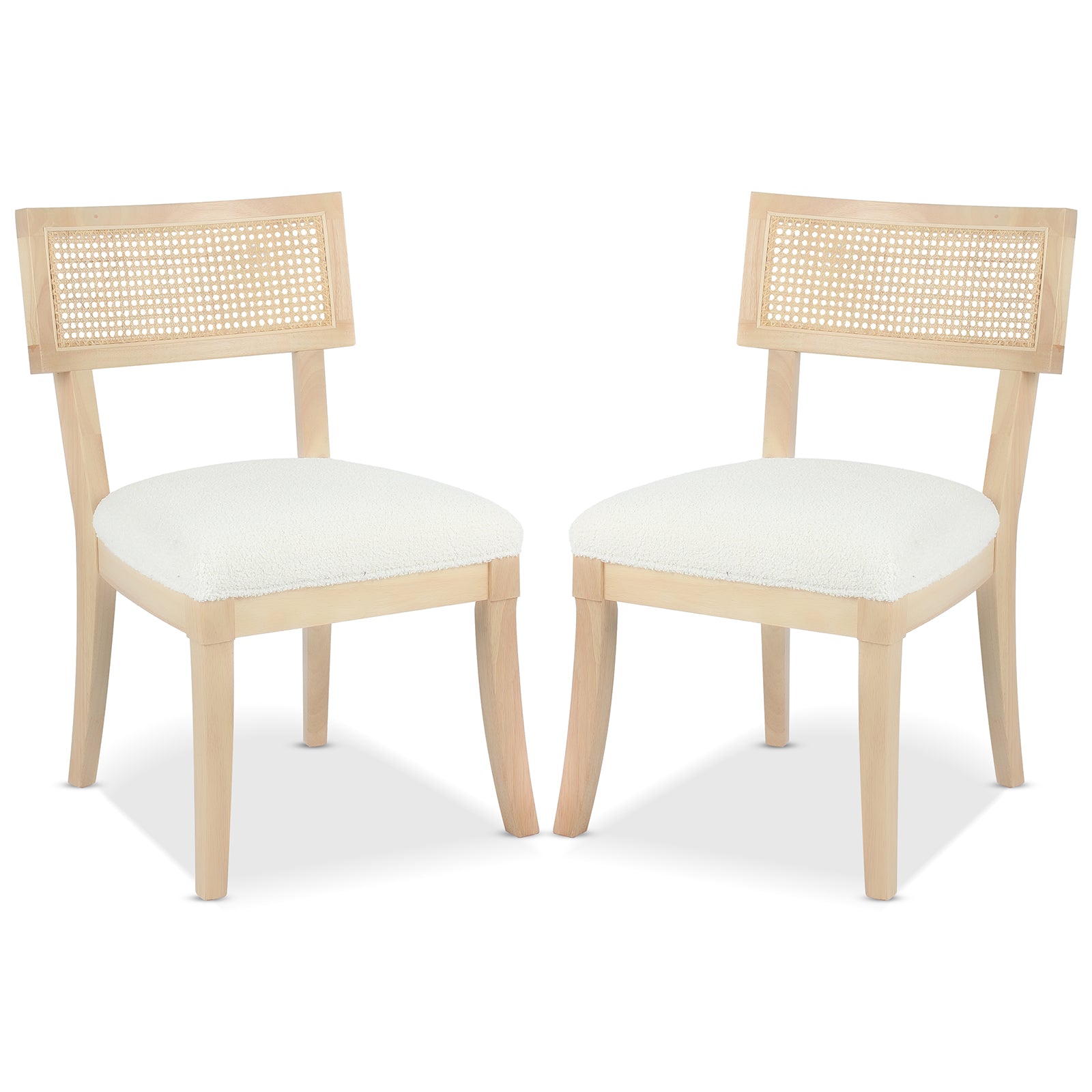 Avelino Hardwood & Rattan Dining Chair Set of 2 features light-wood frames with rectangular woven cane backrests and thick white upholstered seat cushions, offering a modern-vintage elegance to dining spaces.