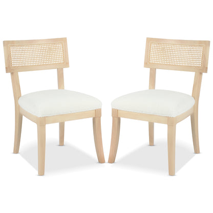 Avelino Hardwood & Rattan Dining Chair Set of 2 features light-wood frames with rectangular woven cane backrests and thick white upholstered seat cushions, offering a modern-vintage elegance to dining spaces.