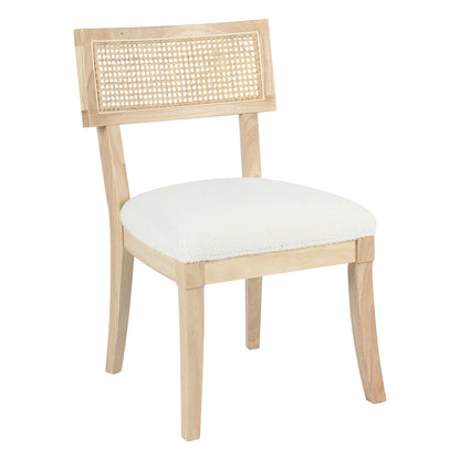 Avelino Hardwood & Rattan Dining Chair Set of 2 in Cream features a light wood frame, woven cane backrest, soft white upholstered seat, and tapered legs for a minimalist, elegant design.