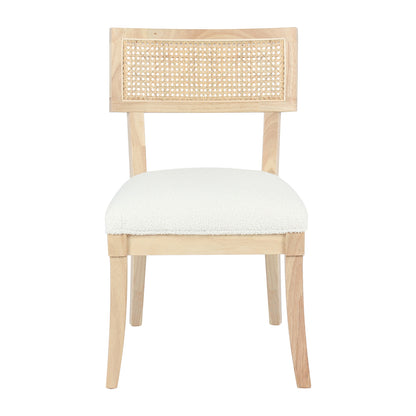 Avelino Hardwood & Rattan Dining Chair Set of 2 in Cream, featuring a light-toned wooden frame, woven cane backrest, and cushioned white seat, showcasing a blend of elegance and comfort.