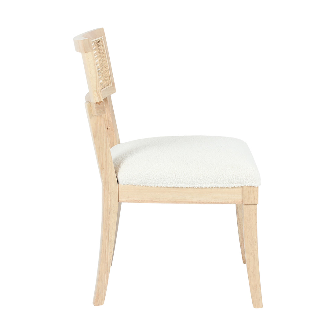 Avelino Hardwood & Rattan Dining Chair Set of 2 in Cream, featuring a light-stained wood frame, woven cane backrest, and thick white bouclé-style upholstered seat cushion, offering elegance and comfort.