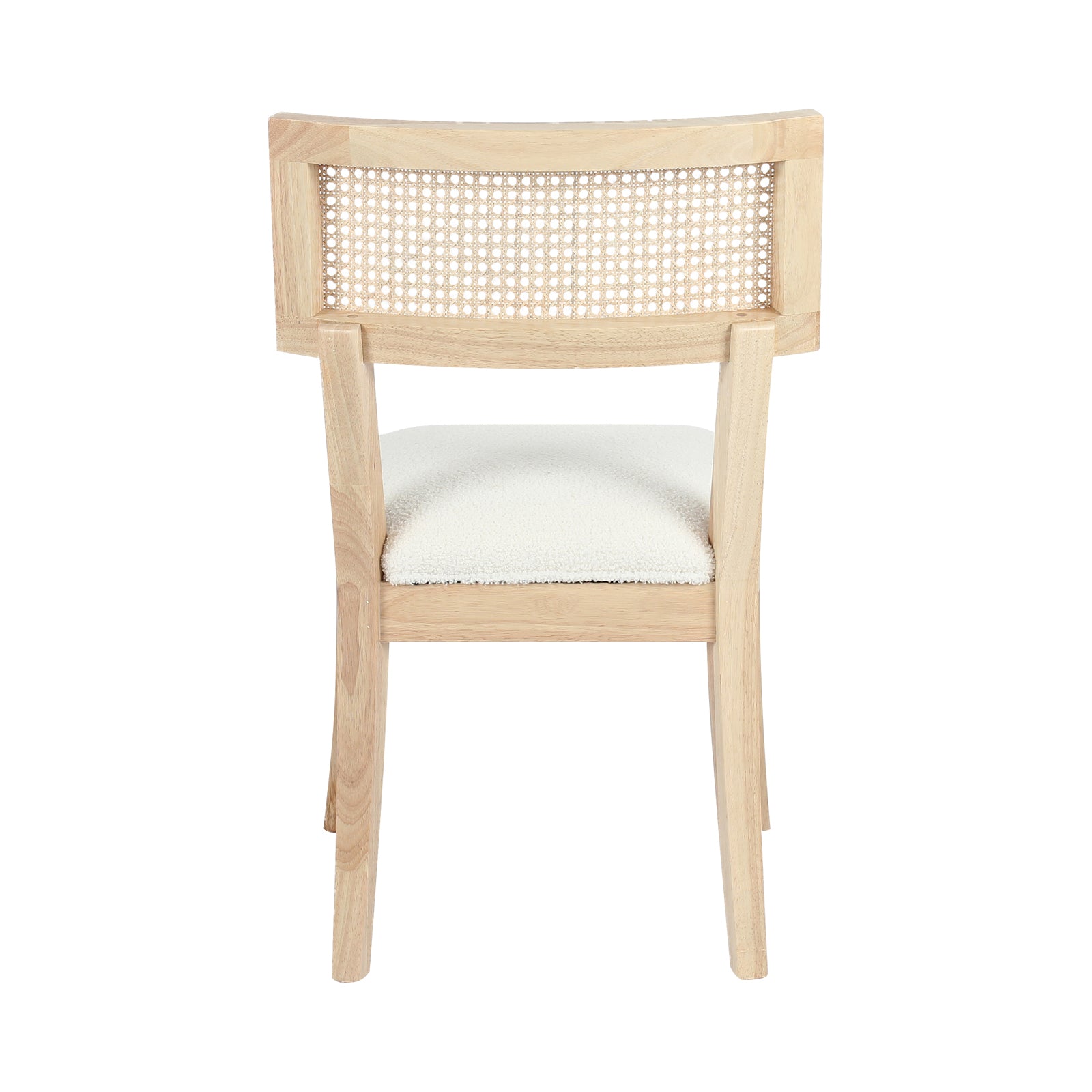 Avelino Hardwood & Rattan Dining Chair Set of 2 in Cream, featuring a light-wood frame, woven cane backrest, and padded off-white upholstered seat, viewed from the back.