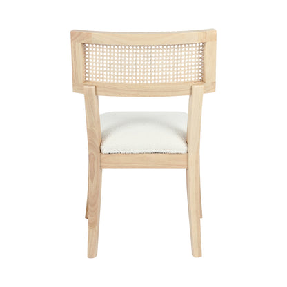 Avelino Hardwood & Rattan Dining Chair Set of 2 in Cream, featuring a light-wood frame, woven cane backrest, and padded off-white upholstered seat, viewed from the back.
