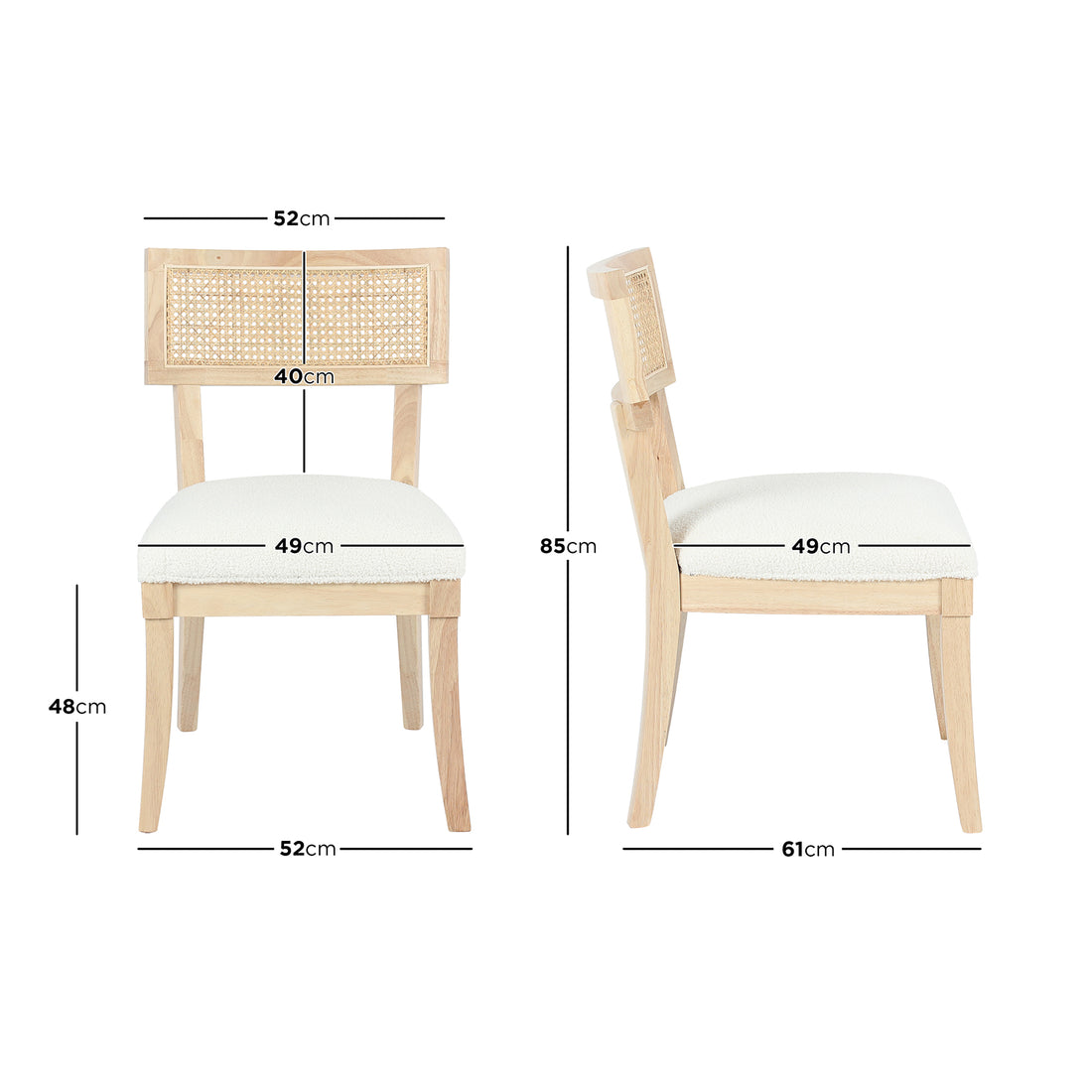 Avelino Hardwood & Rattan Dining Chair Set of 2 in Cream, featuring a light-wood frame, woven cane backrest, and off-white upholstered seat, shown with dimensions for width, depth, and height.