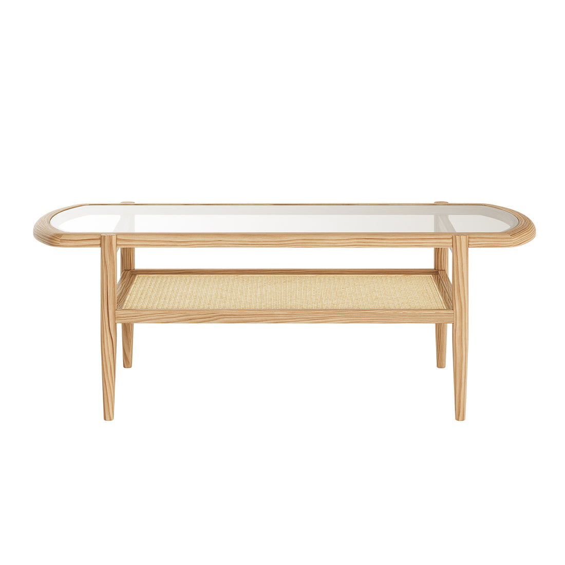 Ayesha Rattan American Oak Coffee Table Natural with a rectangular tempered-glass top, oak frame, and wicker shelf, showcasing its sleek design and functionality for modern living spaces.