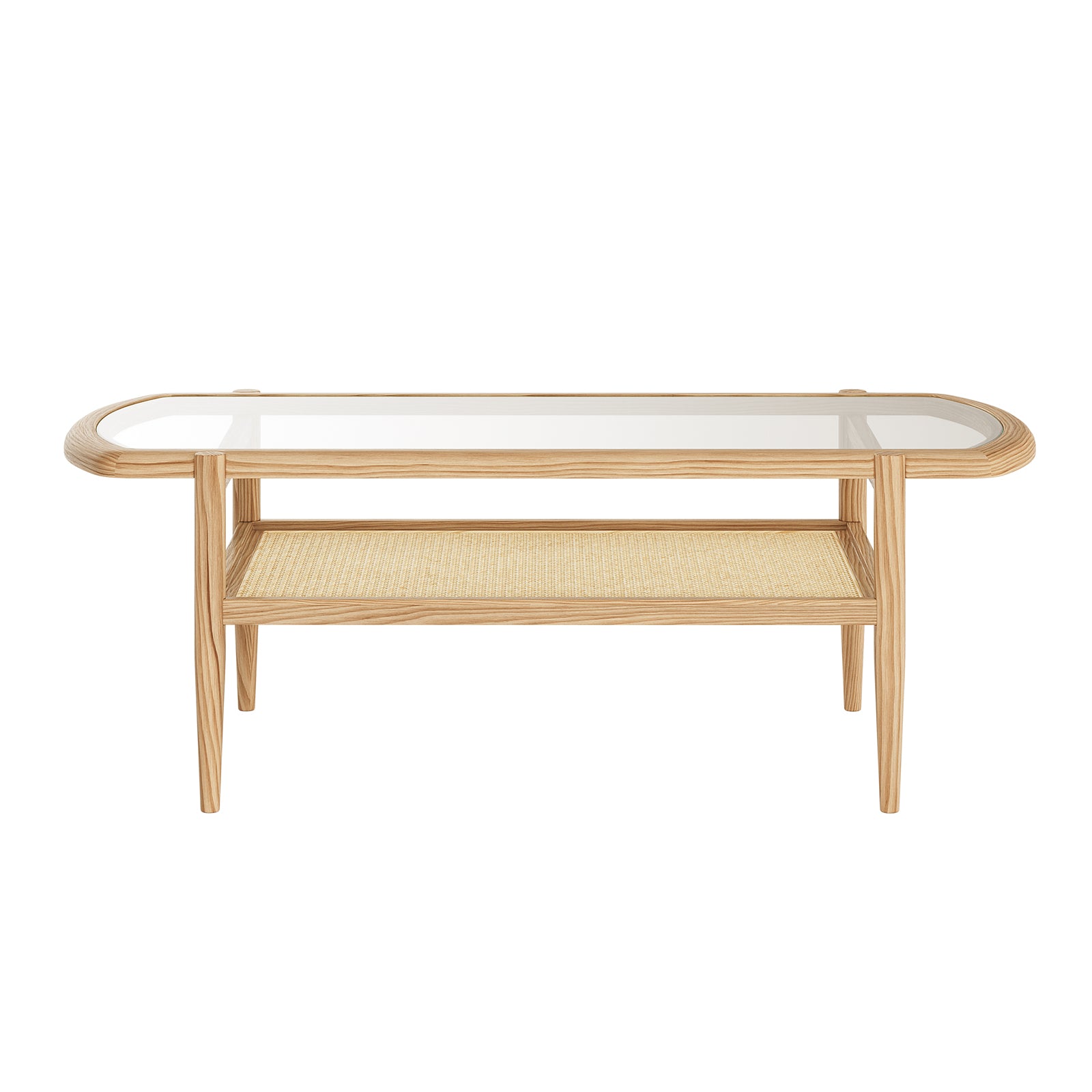 Ayesha Rattan American Oak Coffee Table Natural with a rectangular tempered-glass top, oak frame, and wicker shelf, showcasing its sleek design and functionality for modern living spaces.