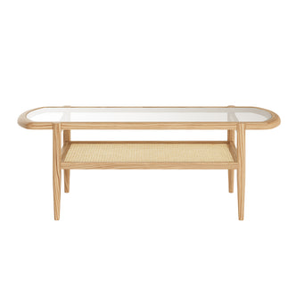 Ayesha Rattan American Oak Coffee Table Natural with a rectangular tempered-glass top, oak frame, and wicker shelf, showcasing its sleek design and functionality for modern living spaces.