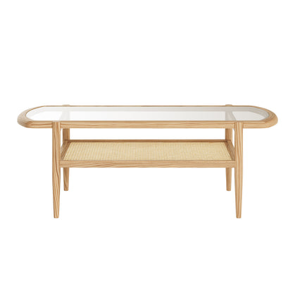 Ayesha Rattan American Oak Coffee Table Natural with a rectangular tempered-glass top, oak frame, and wicker shelf, showcasing its sleek design and functionality for modern living spaces.