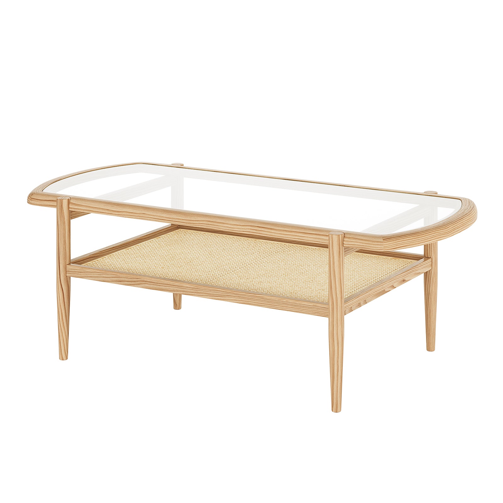 Ayesha Rattan American Oak Coffee Table Natural features a tempered-glass top and solid oak wood frame with visible wood legs, showcasing a minimalist design and functional shelf for storage.