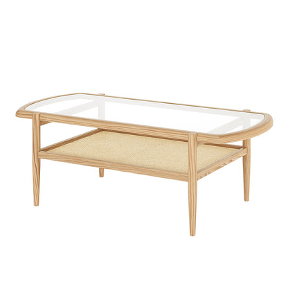 Ayesha Rattan American Oak Coffee Table Natural features a tempered-glass top and solid oak wood frame with visible wood legs, showcasing a minimalist design and functional shelf for storage.