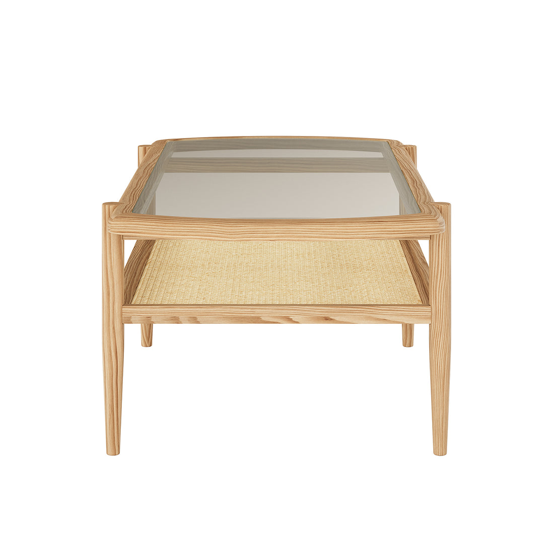 Ayesha Rattan American Oak Coffee Table Natural features a rectangular glass top and solid oak wood frame with a rattan bottom shelf, exemplifying a stylish, modern design perfect for contemporary living spaces.