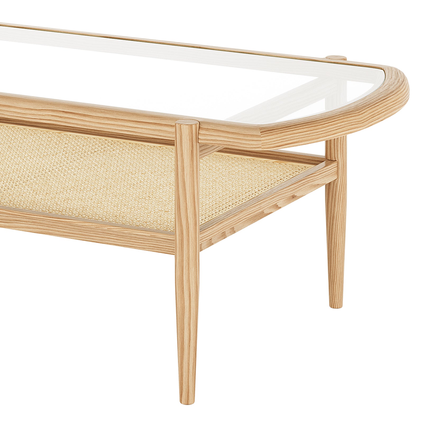 Ayesha Rattan American Oak Coffee Table Natural with a tempered-glass top, American oak frame, and rattan shelf, showcasing a modern design and functionality, ideal for contemporary living spaces.