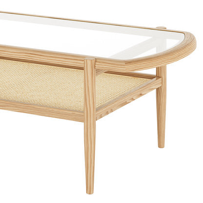 Ayesha Rattan American Oak Coffee Table Natural with a tempered-glass top, American oak frame, and rattan shelf, showcasing a modern design and functionality, ideal for contemporary living spaces.