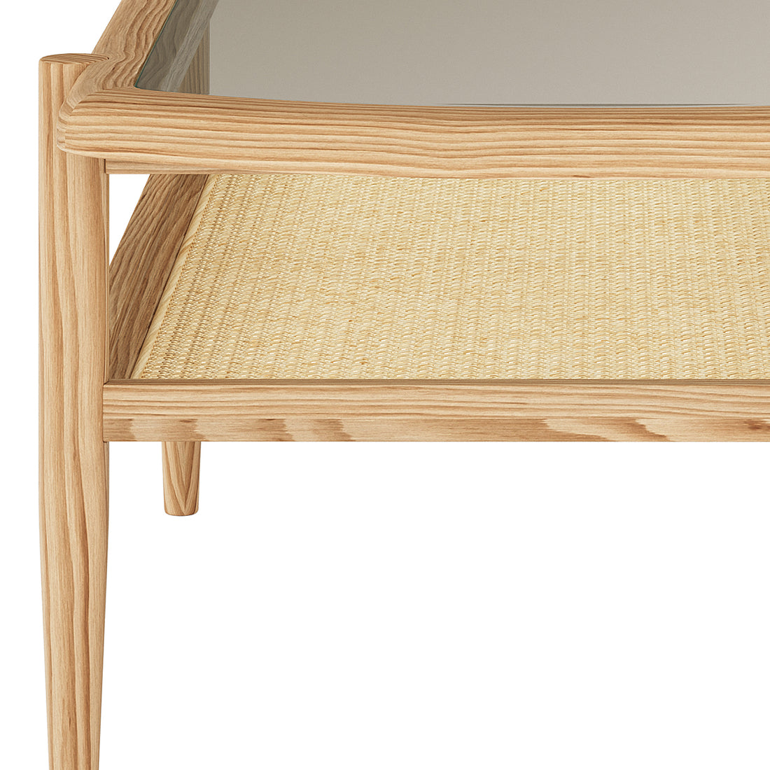 Ayesha Rattan American Oak Coffee Table Natural features a glass tabletop, solid oak frame, and a rattan bottom shelf, reflecting modern design and functionality. Ideal for contemporary living spaces.