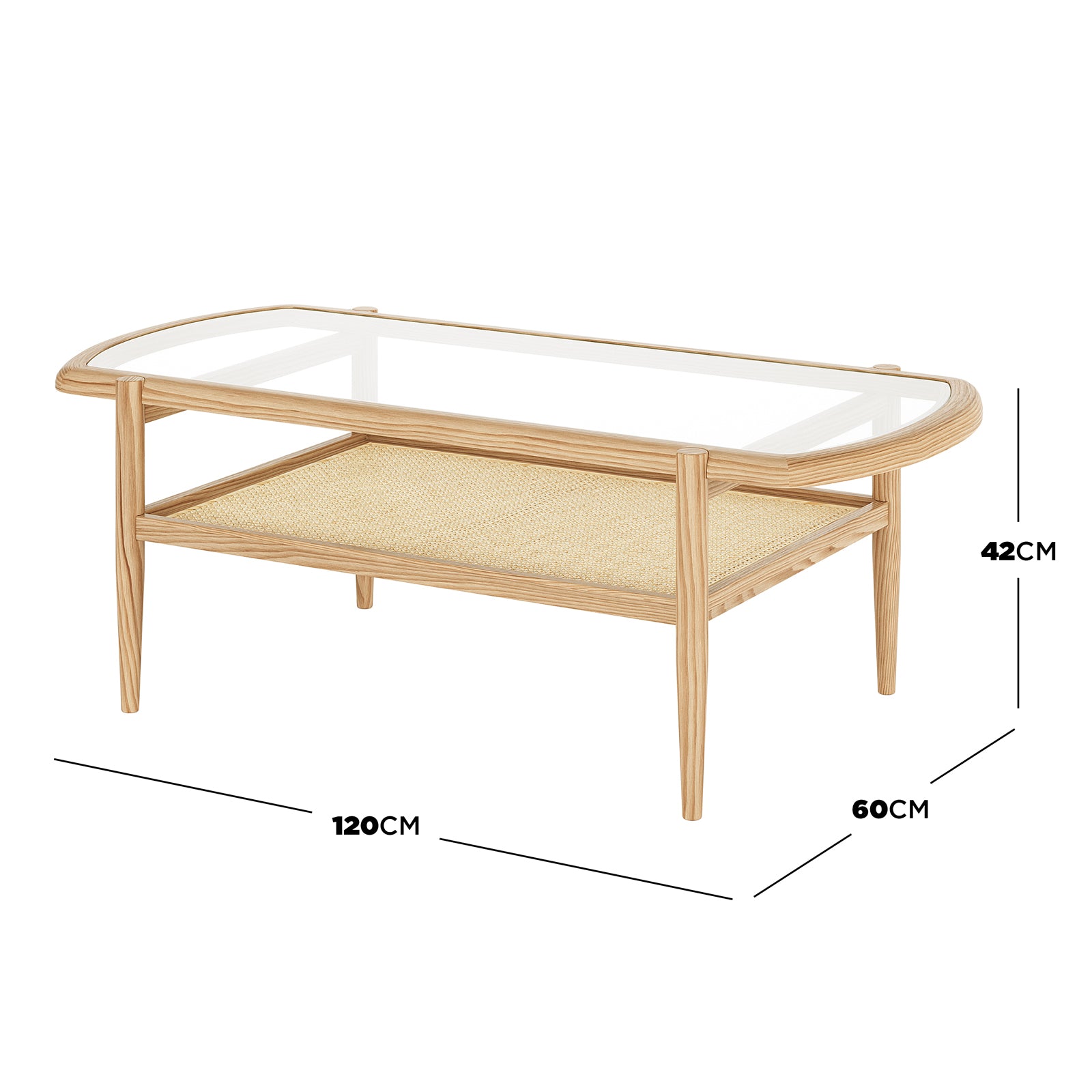 Ayesha Rattan American Oak Coffee Table Natural with a glass top, showcasing a close-up of its oak wood frame and legs, offering a sleek, modern design ideal for contemporary living spaces.