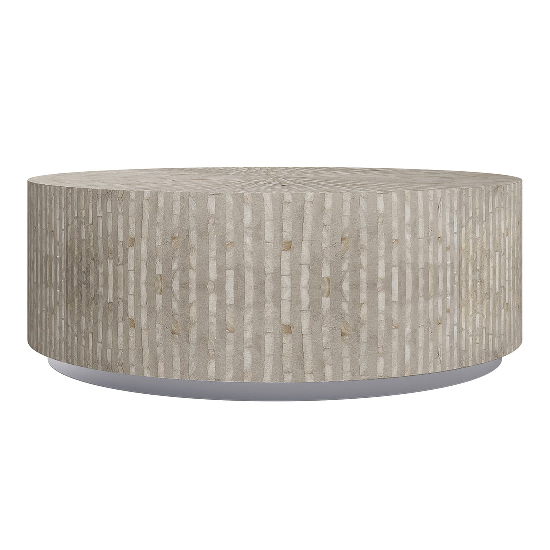 Baltoy 100cm Mother of Pearl Coffee Table in Striped Bone, showcasing a low, circular design with a neutral beige mosaic pattern and a floating appearance on a recessed plinth base.