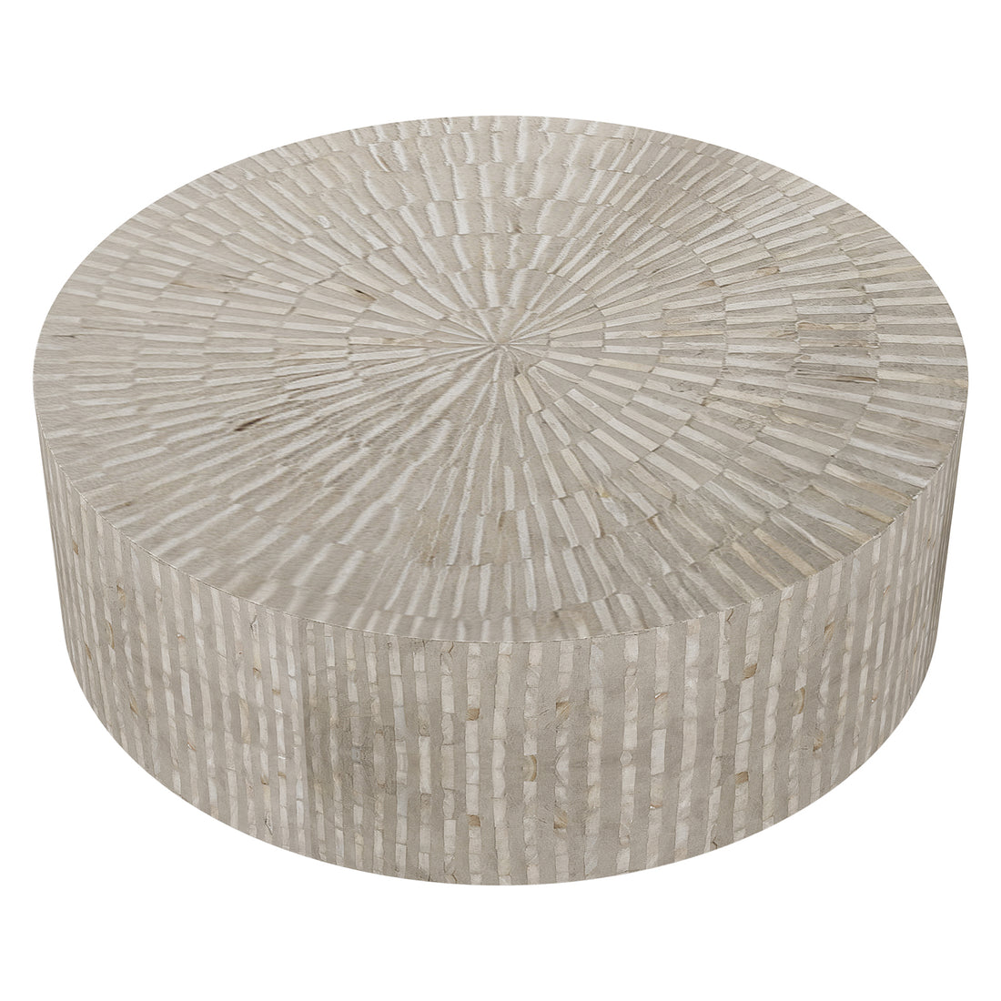 Baltoy 100cm Mother of Pearl Coffee Table in Striped Bone, featuring a cylindrical design with radiant bone-inlay mosaic, concentric spoke-like bands on top, and seamless strip patterns down the sides.