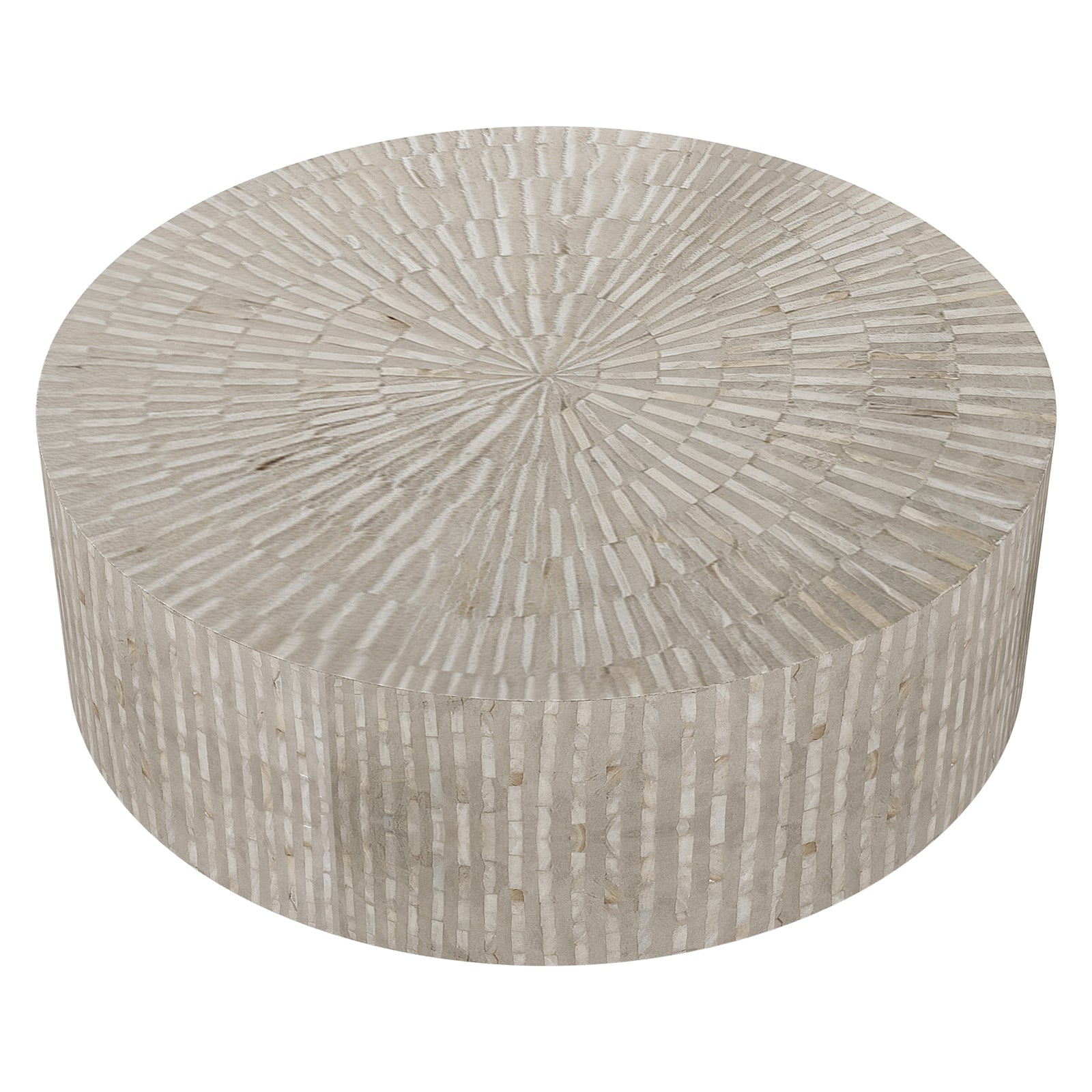 Baltoy 100cm Mother of Pearl Coffee Table in Striped Bone, featuring a cylindrical design with radiant bone-inlay mosaic, concentric spoke-like bands on top, and seamless strip patterns down the sides.