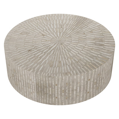Baltoy 100cm Mother of Pearl Coffee Table in Striped Bone, featuring a cylindrical design with radiant bone-inlay mosaic, concentric spoke-like bands on top, and seamless strip patterns down the sides.